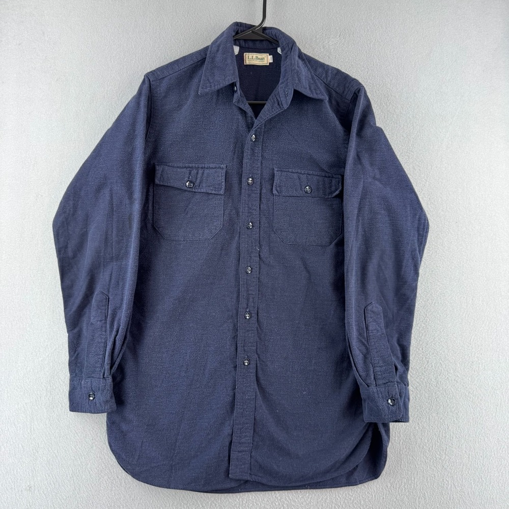 Vintage LL Bean Shirt Mens 15 Small Long Blue Chamois Flannel 90s Made in USA